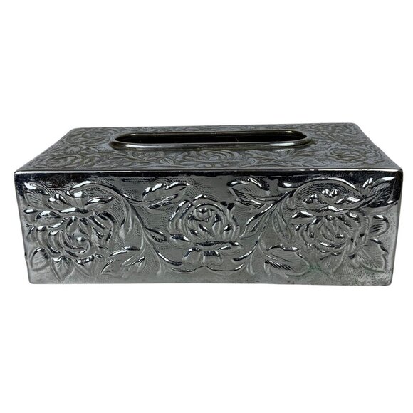 Vintage Tissue Box Cover Silver-Tone Metal Floral Embossed Rectangular - Picture 1 of 6